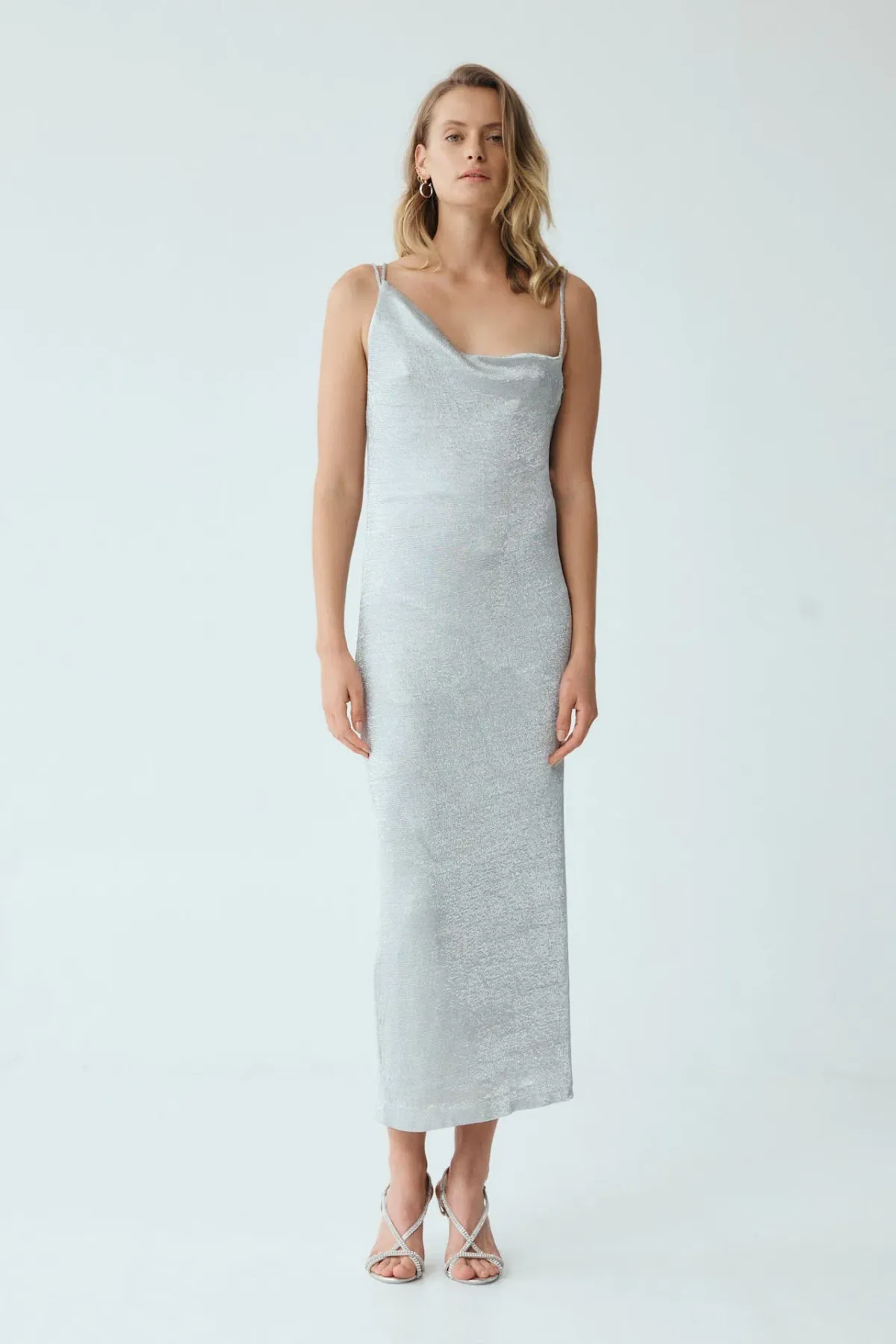Third Form Heavy Metal Knit Cowl Slip Dress in Silver Size XS / AU 6 for rent on The Volte - main image