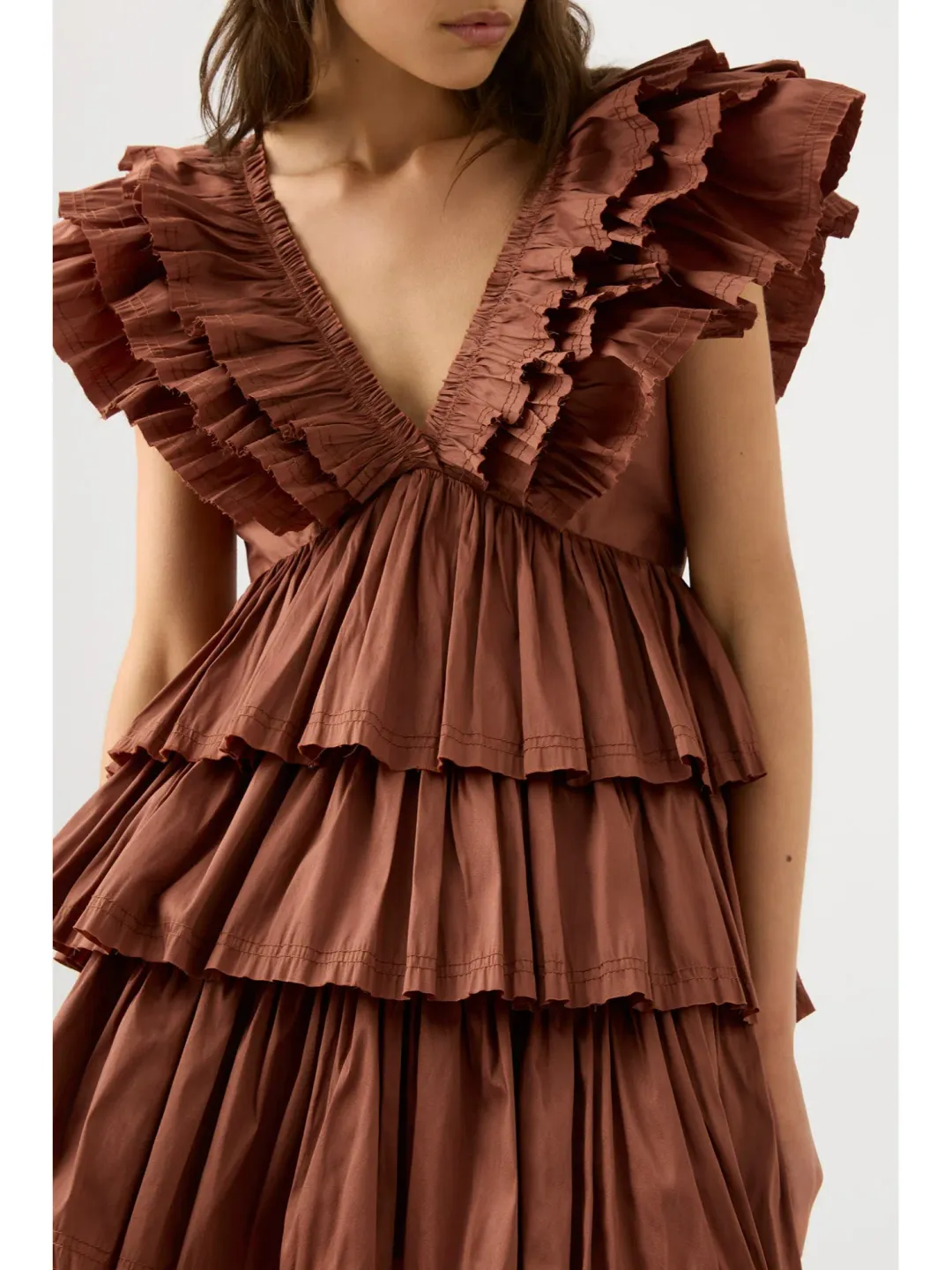 Aje Rhythmic Frilled Mini Dress Coffee Size AU 14 for rent on The Volte - main image