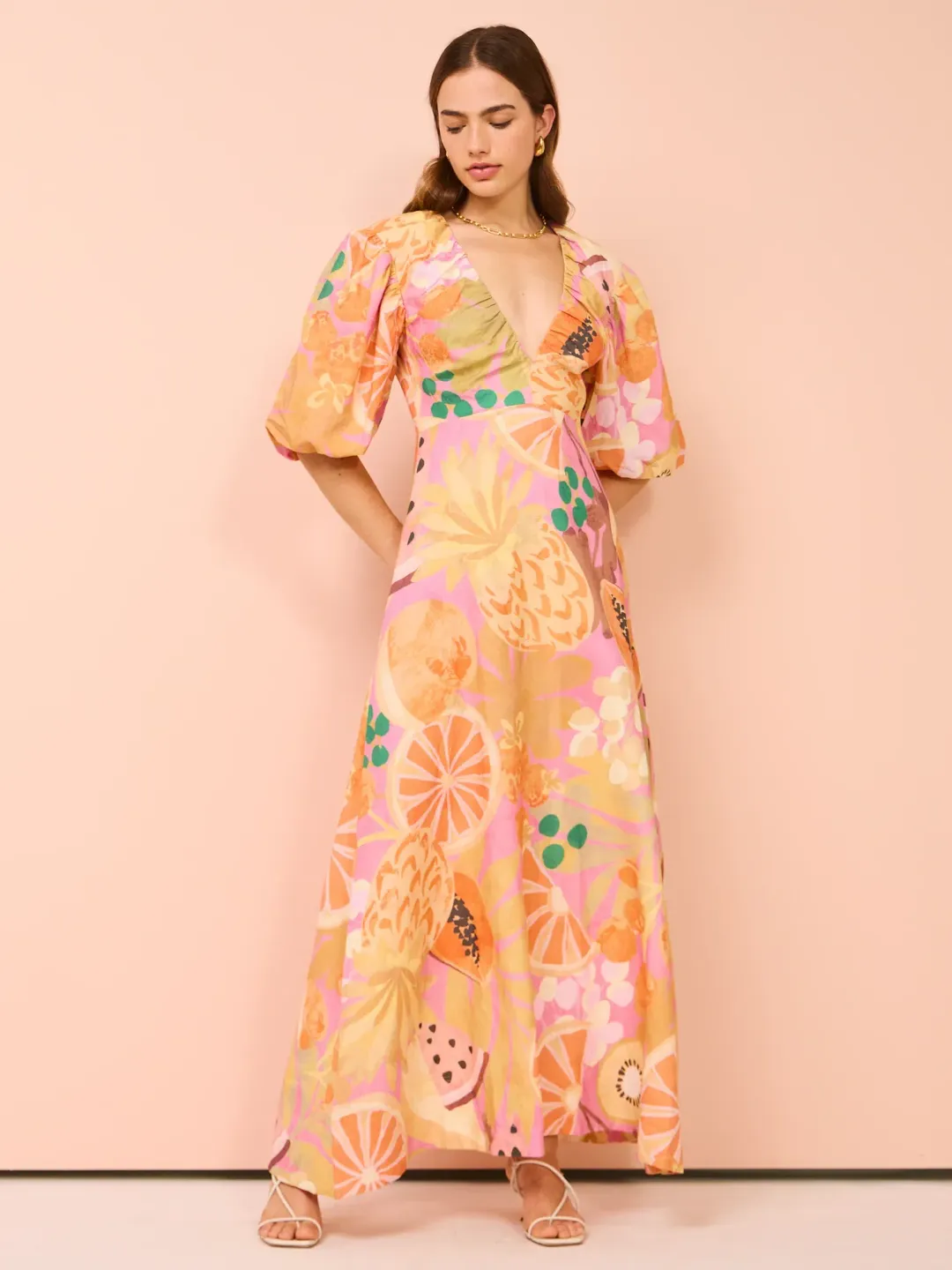 By Nicola Bolero Maxi Gathered Neckline Dress In Fruit Punch Size AU 8 for rent on The Volte - main image