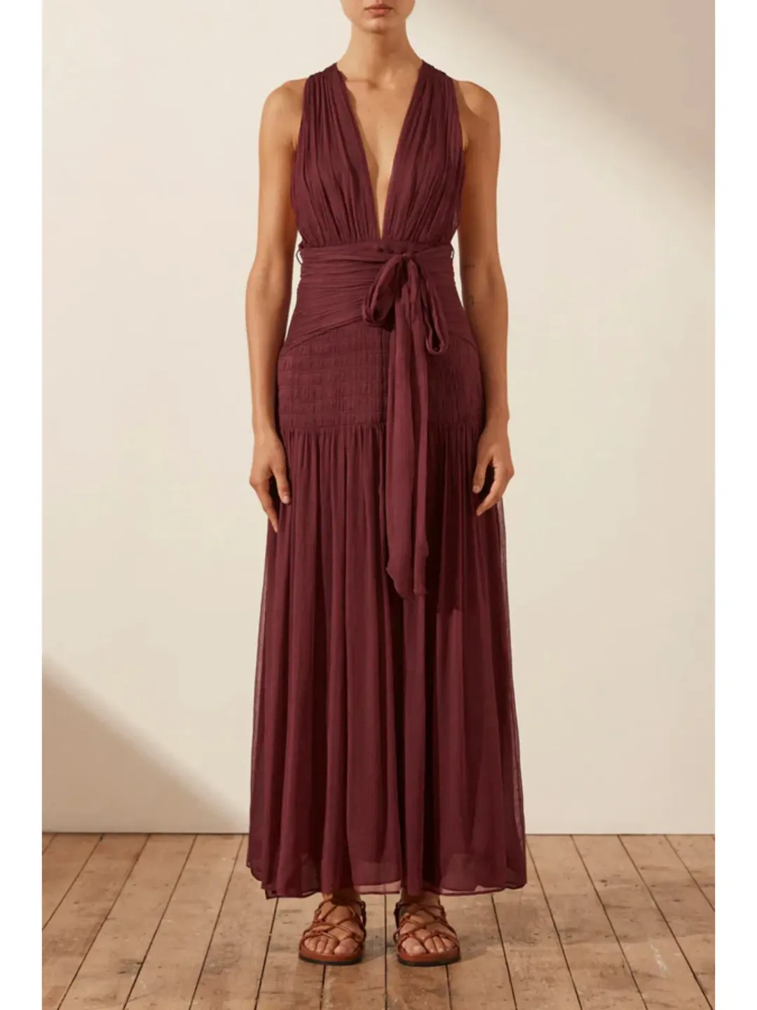 Shona Joy Marquis Plunged Tie Back Midi Dress in Deep Wine Size AU 10  for rent on The Volte - main image
