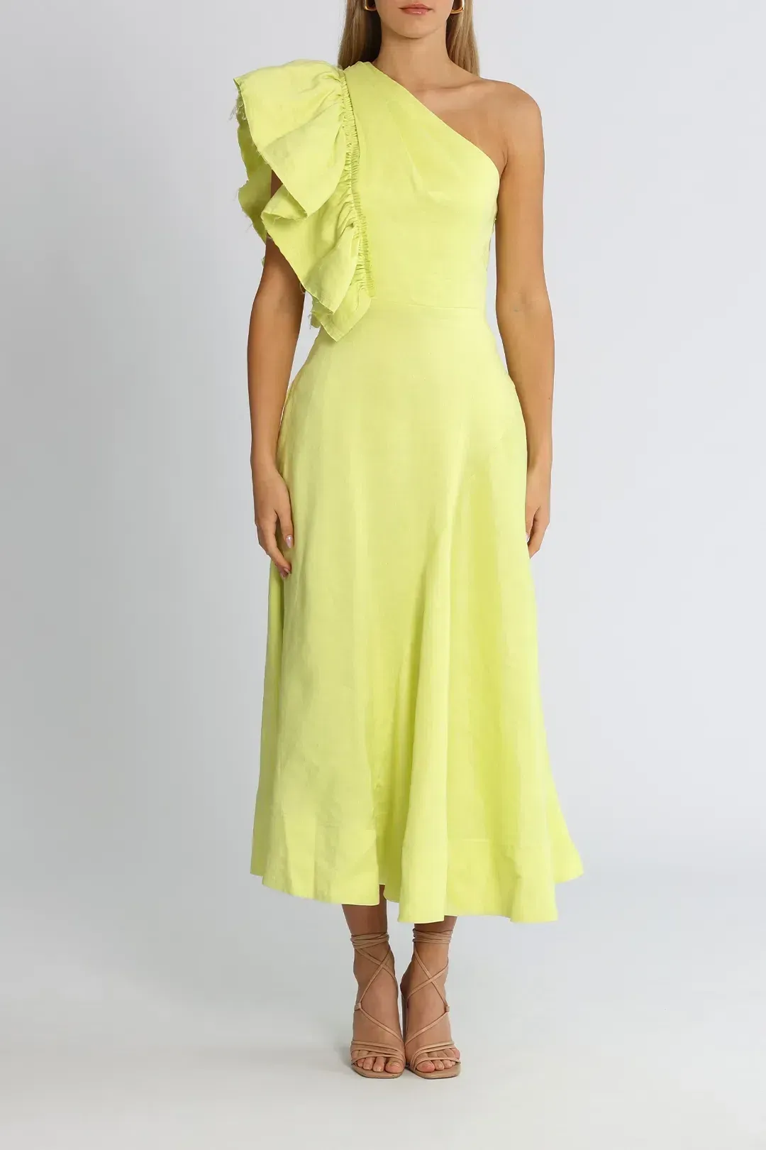 Aje Bonjour Asymmetric Midi Dress Lime Green Size 8 for rent on The Volte - main image