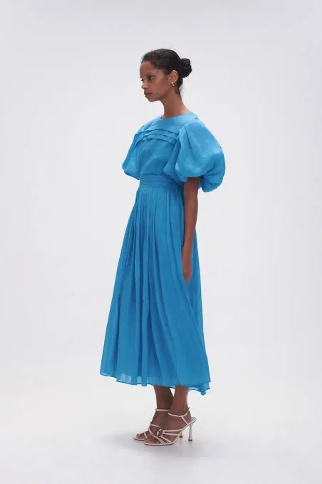 Aje Sylvia Pintuck Midi Dress Azure Blue Size 8 for rent on The Volte - main image