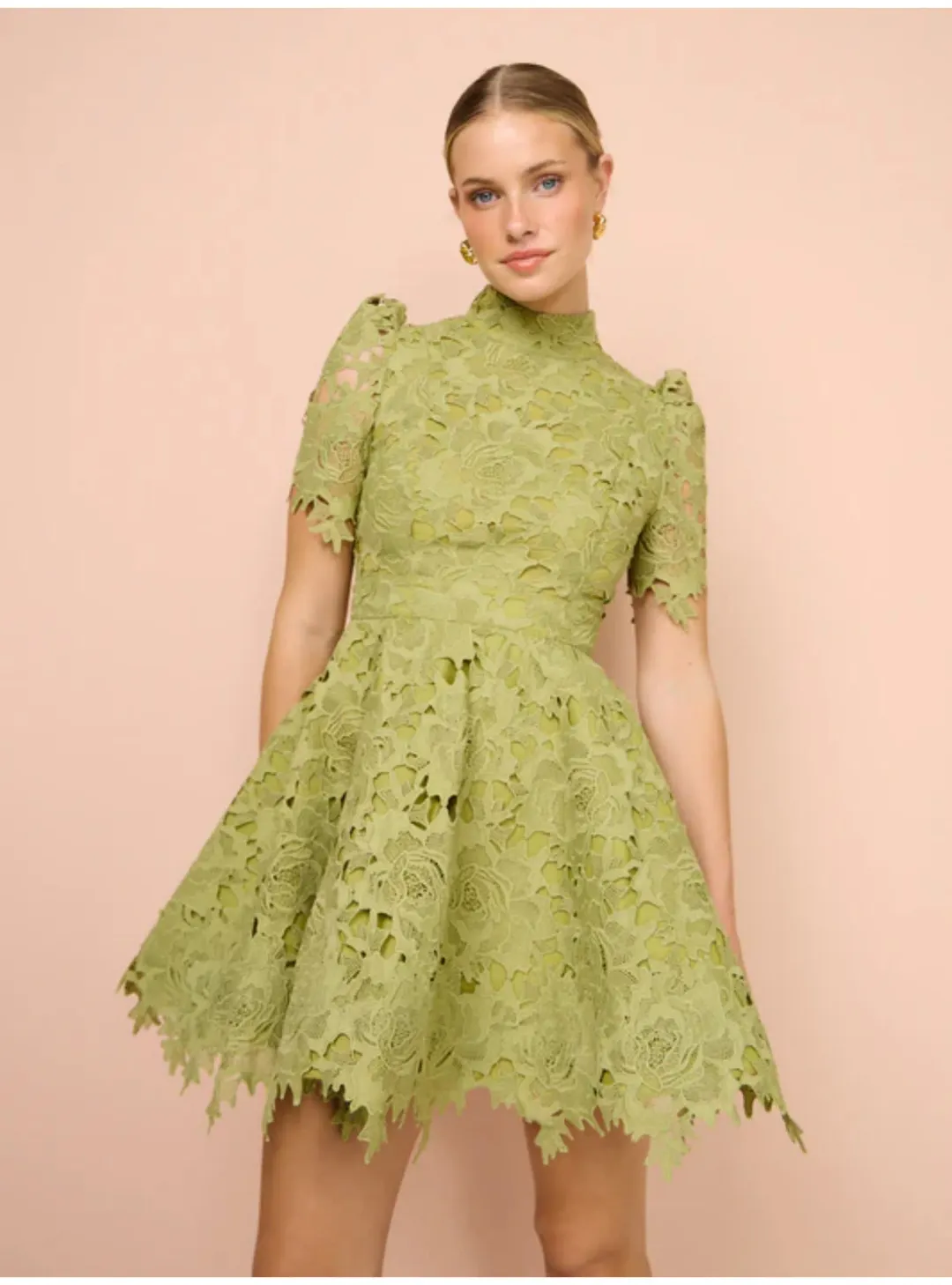 Leo Lin Elise Lace Short Sleeve Mini Dress in Olive Size AU 12 for rent on The Volte - main image
