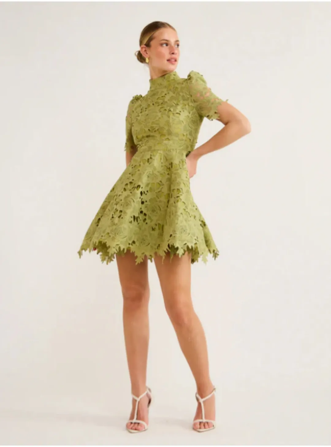 Leo Lin Elise Lace Short Sleeve Mini Dress in Olive Size AU 12 for rent on The Volte - main image