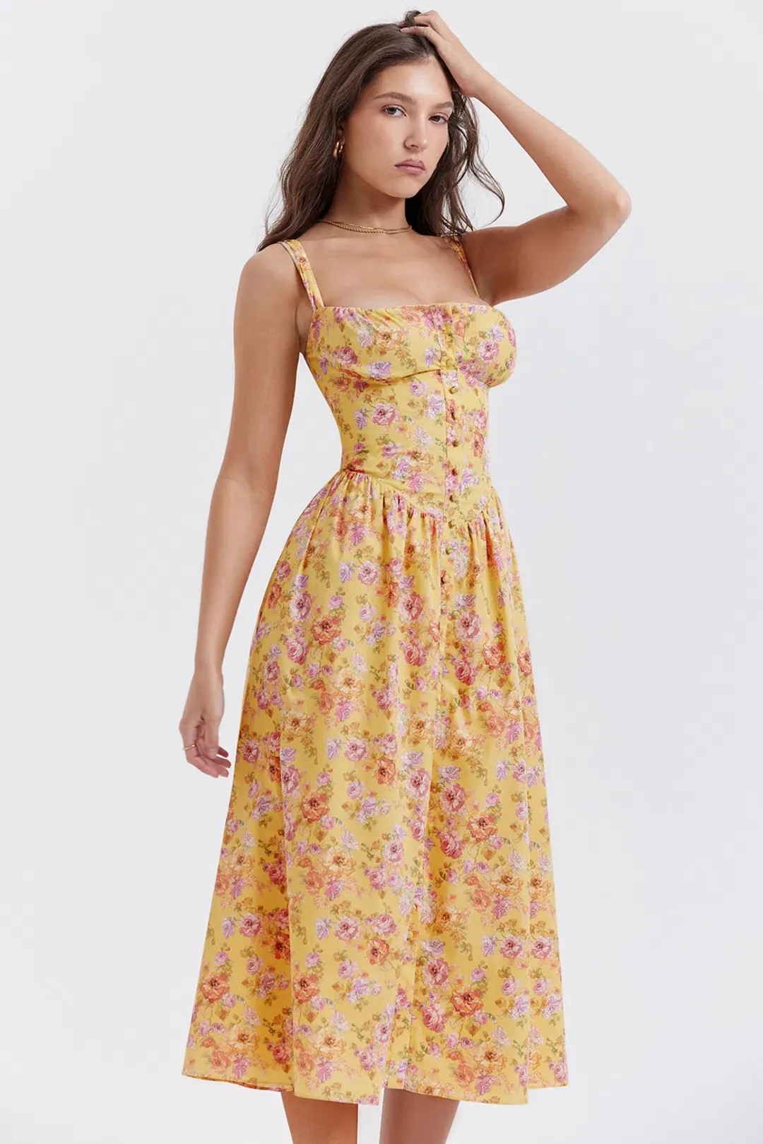House of CB Tatiana Midi Dress Yellow Floral Size L / AU 12 for rent on The Volte - main image