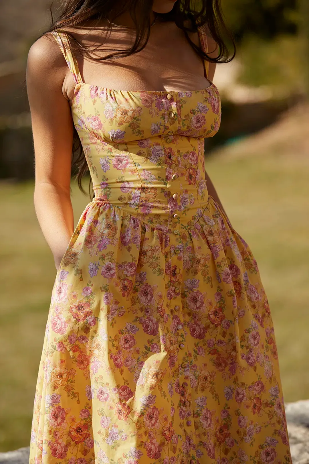 House of CB Tatiana Midi Dress Yellow Floral Size L / AU 12 for rent on The Volte - main image