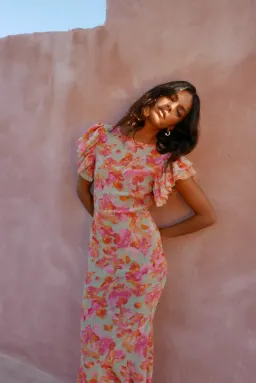 De La Vali Bougainvillea Maxi Dress Chiffon Sage Floral Size 6 for rent on The Volte - image 4