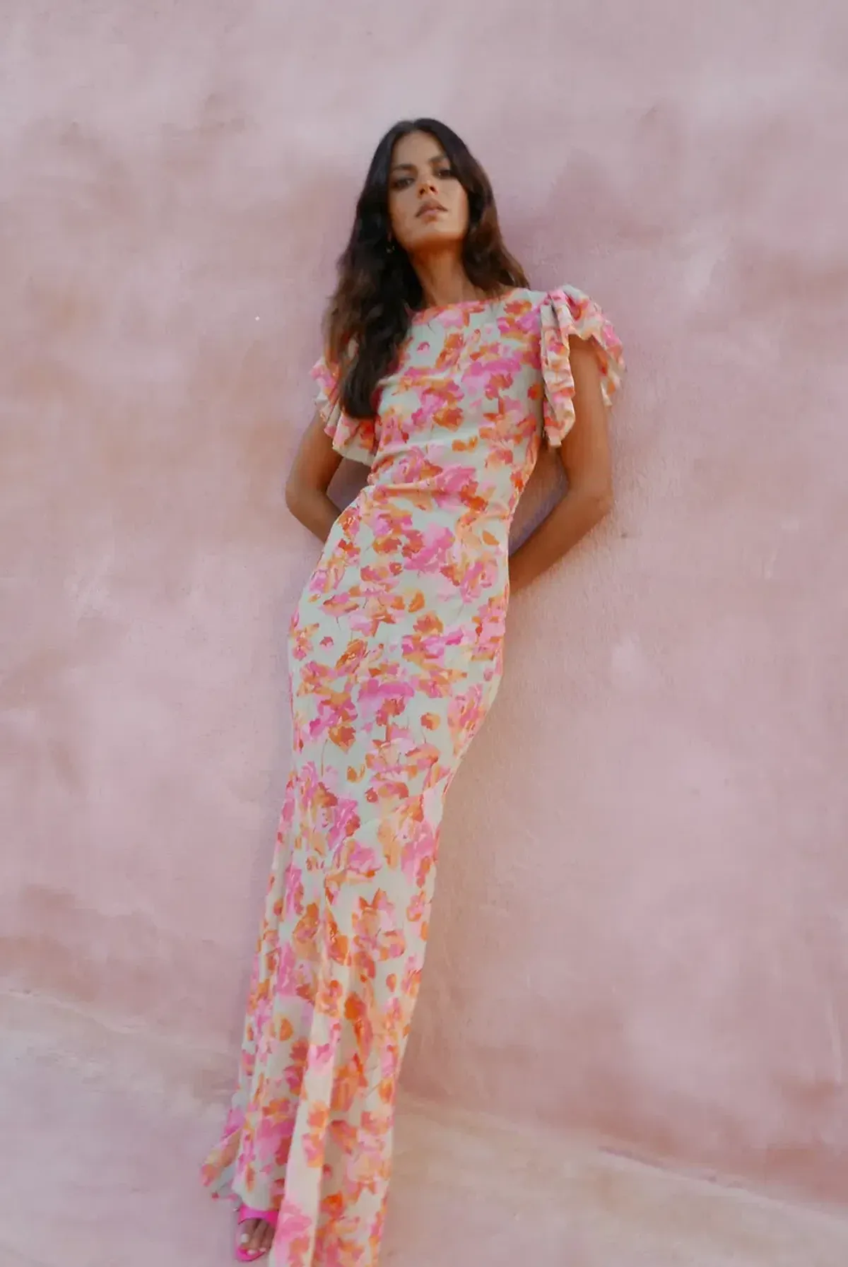 De La Vali Bougainvillea Maxi Dress Chiffon Sage Floral Size 6 for rent on The Volte - main image