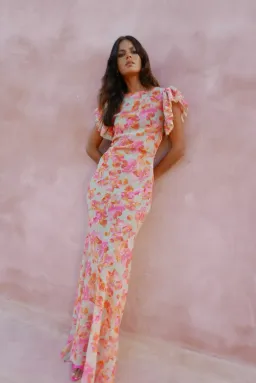 De La Vali Bougainvillea Maxi Dress Chiffon Sage Floral Size 6 for rent on The Volte - image 1