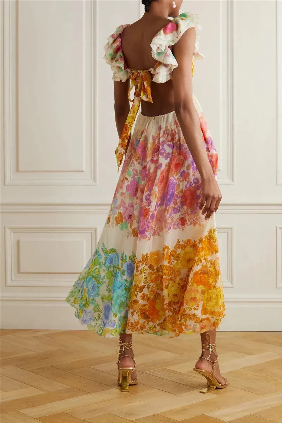 Zimmermann Raie Cut Out Ruffled Printed Silk-Chiffon Midi Dress Multi Floral Size 4/ AU 16 for rent on The Volte - main image