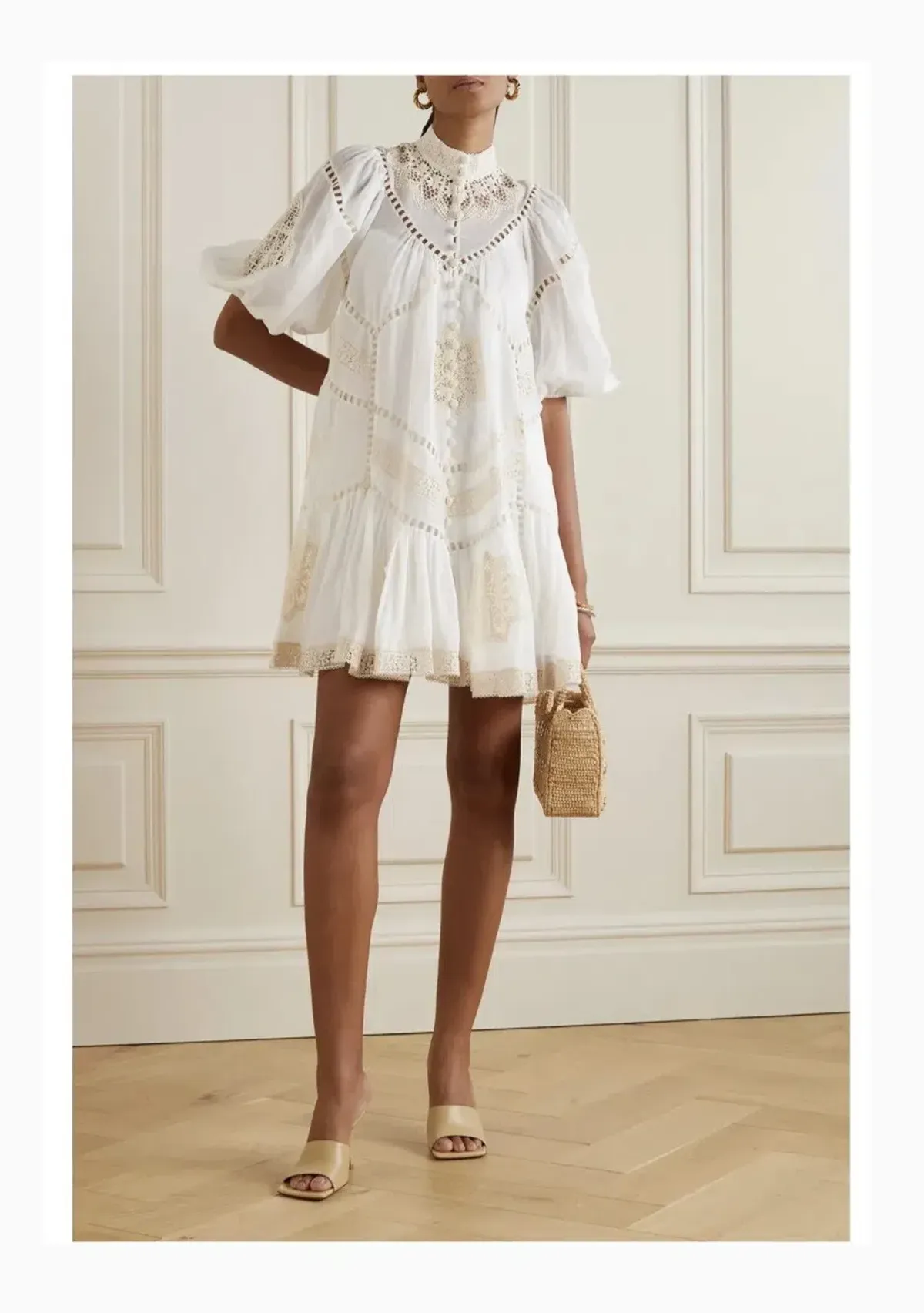 Zimmermann Jude Guipure Lace Trim Mini Dress in Cream Size 1/AU 10 for rent on The Volte - main image