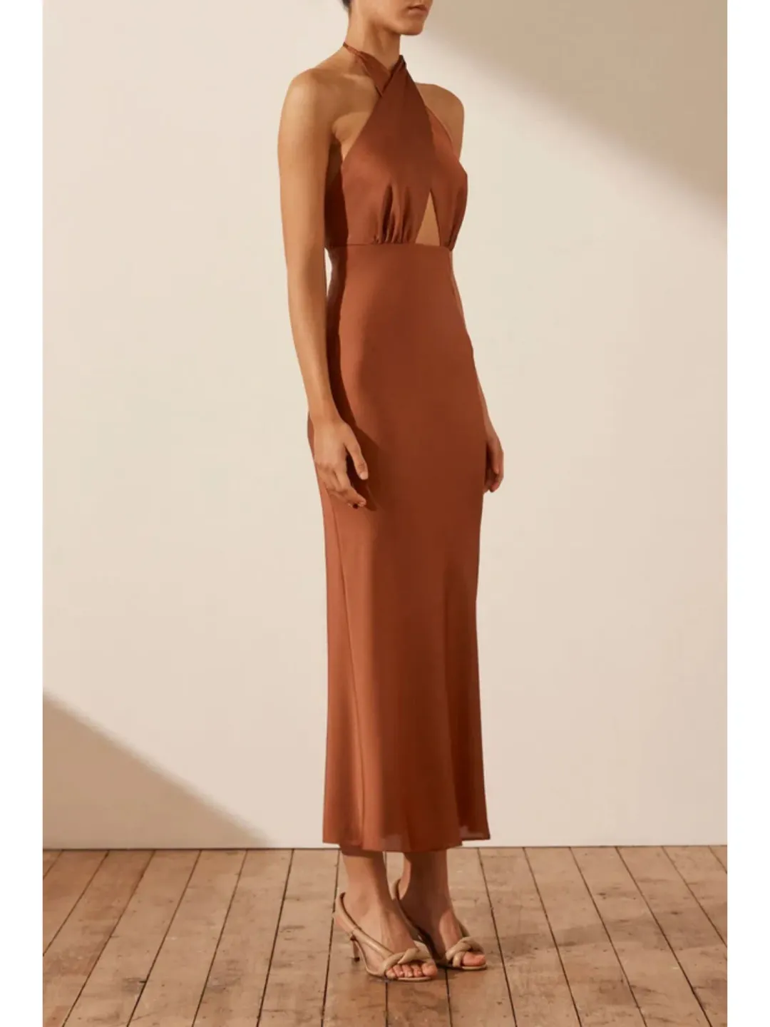 Shona Joy Luxe Cross Front Halter Midi Dress Mocha Size AU 12 for rent on The Volte - main image