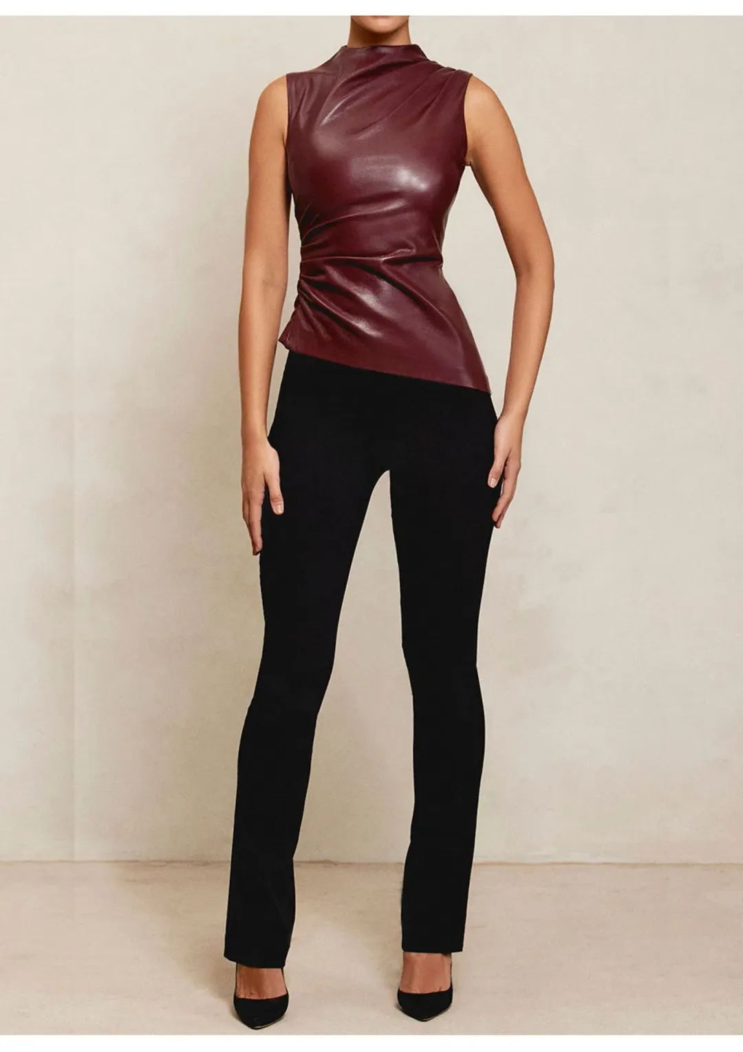 House of CB Allegra Vegan Leather Asymmetric Top Wine Size S / AU 8 for rent on The Volte - main image