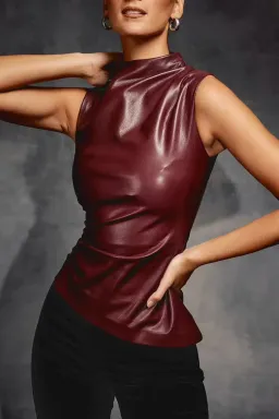 House of CB Allegra Vegan Leather Asymmetric Top Wine Size S / AU 8 for rent on The Volte - image 2