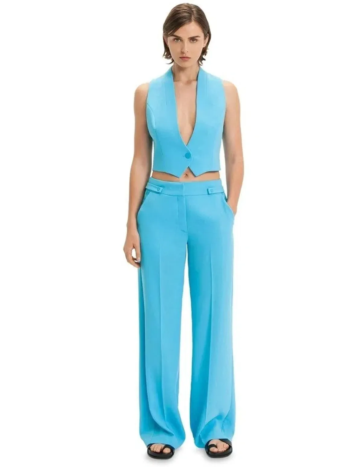 Cue Matte Crepe Waistcoat and Wide Leg Pants Set Aqua Size 6 for rent on The Volte - main image