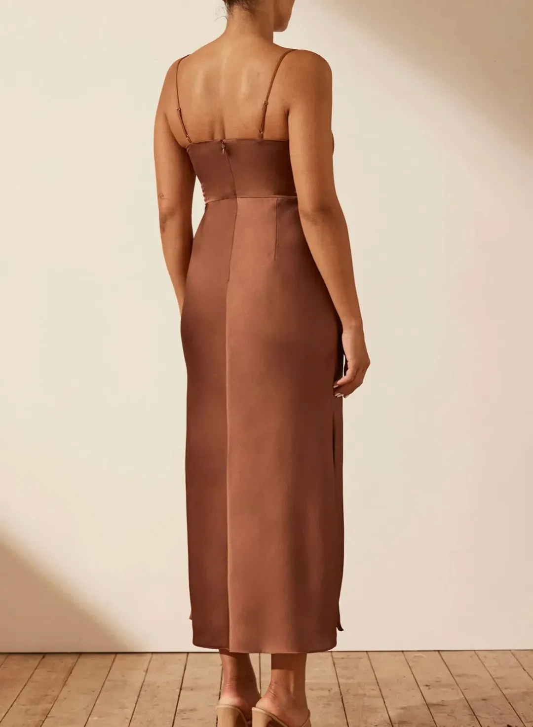 Shona Joy Luxe Twist Front Sleeveless Midi Dress Mocha Size AU 16 for rent on The Volte - main image