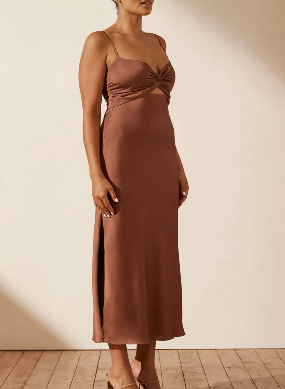 Shona Joy Luxe Twist Front Sleeveless Midi Dress Mocha Size AU 16 for rent on The Volte - main image