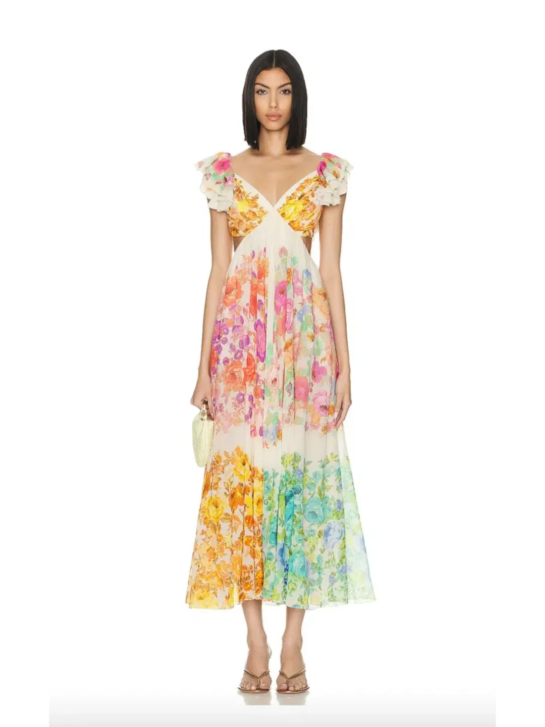 Zimmermann Raie Frill Shoulder Midi Dress Multi Floral Size 1/AU 10  for rent on The Volte - main image