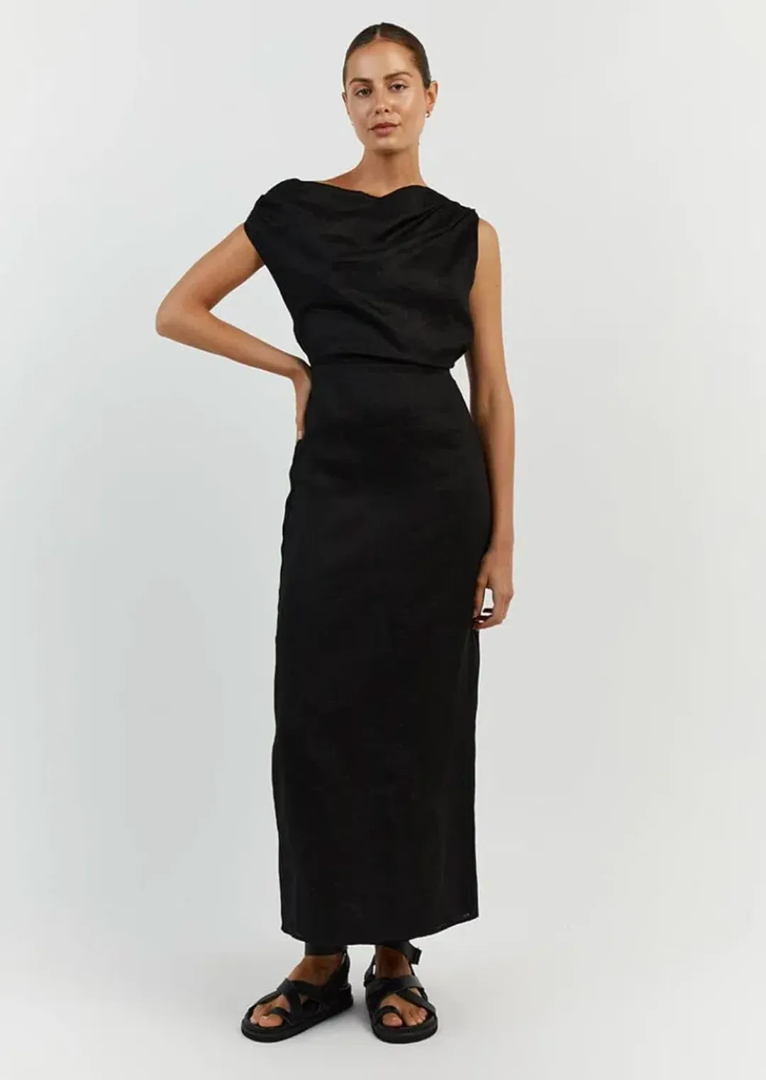 Dissh Cass Linen Asym Midi Dress Black Size 10 for rent on The Volte - main image
