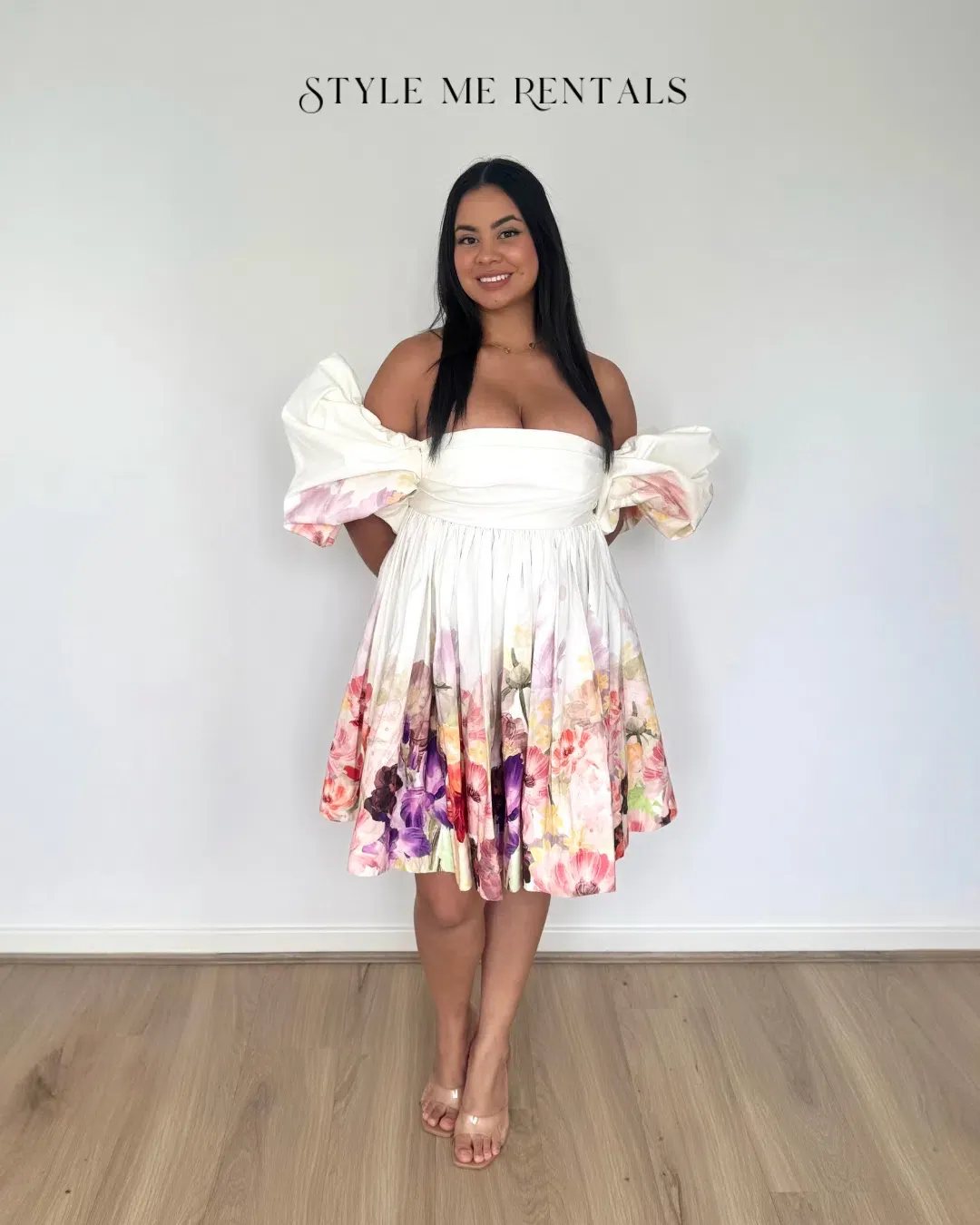 Leo Lin Eloise Puff Sleeve Mini Dress Cascade Floral Print Size 12 for rent on The Volte - main image