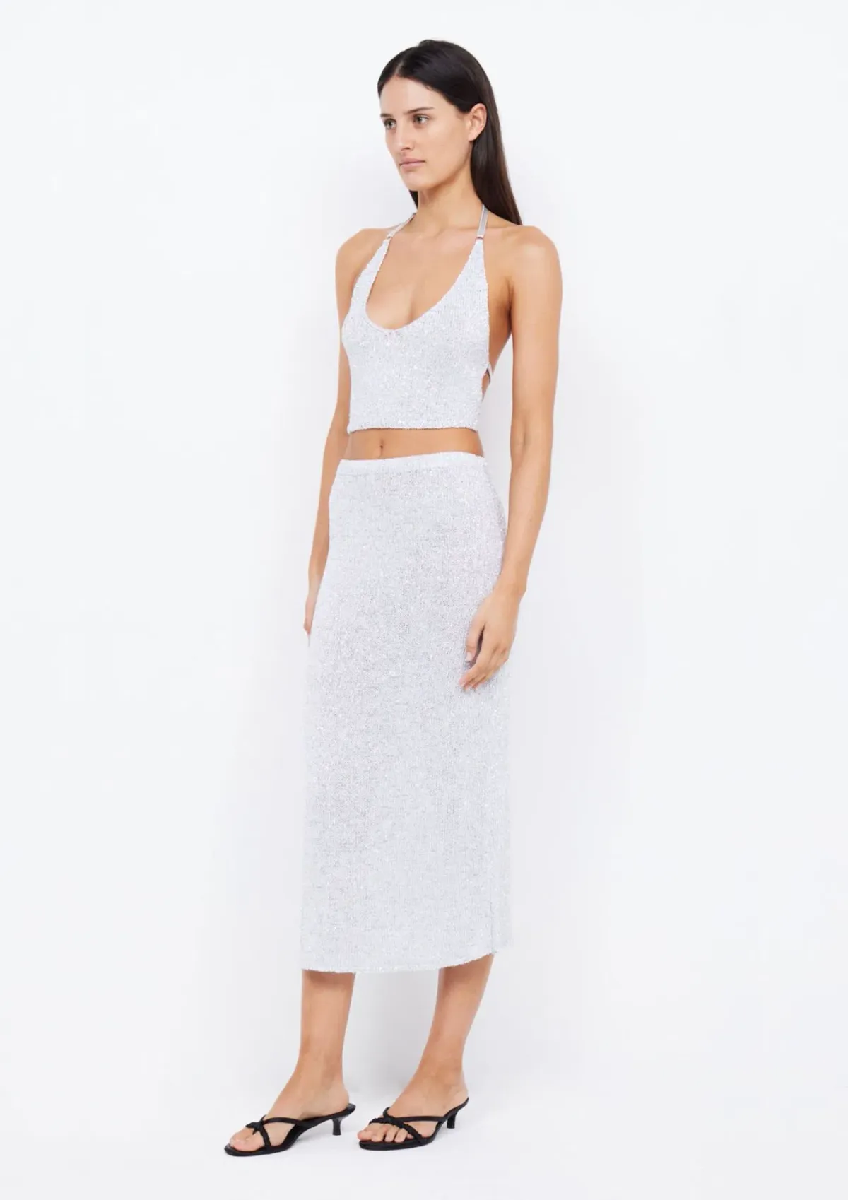 Bec & Bridge Sadie Sequin Knit Crop Top and Maxi Skirt Set Crystal Silver Size M / AU 10 for rent on The Volte - main image