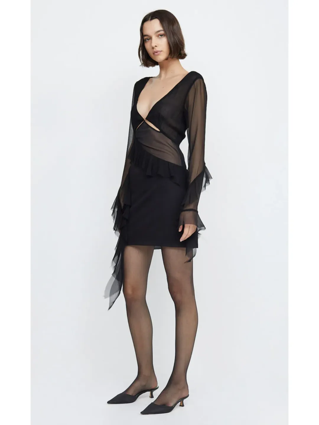 Bec & Bridge Aurelie Frill Long Sleeve Mini Dress Black Size AU 6 for rent on The Volte - main image