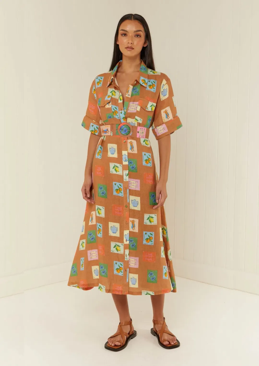 Palm Noosa Souvenir Shirt Midi Dress Brown Emblem Size 14  for rent on The Volte - main image