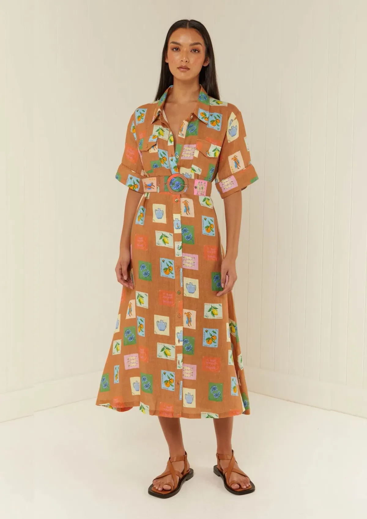 Palm Noosa Souvenir Shirt Midi Dress Brown Emblem Size 14  for rent on The Volte - main image
