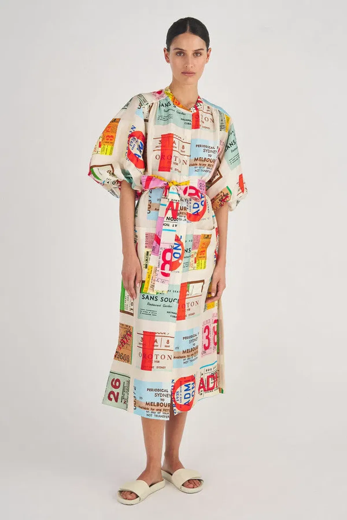 Oroton Ticket Print Silk Shirt Midi Dress Multi Size 12  for rent on The Volte - main image