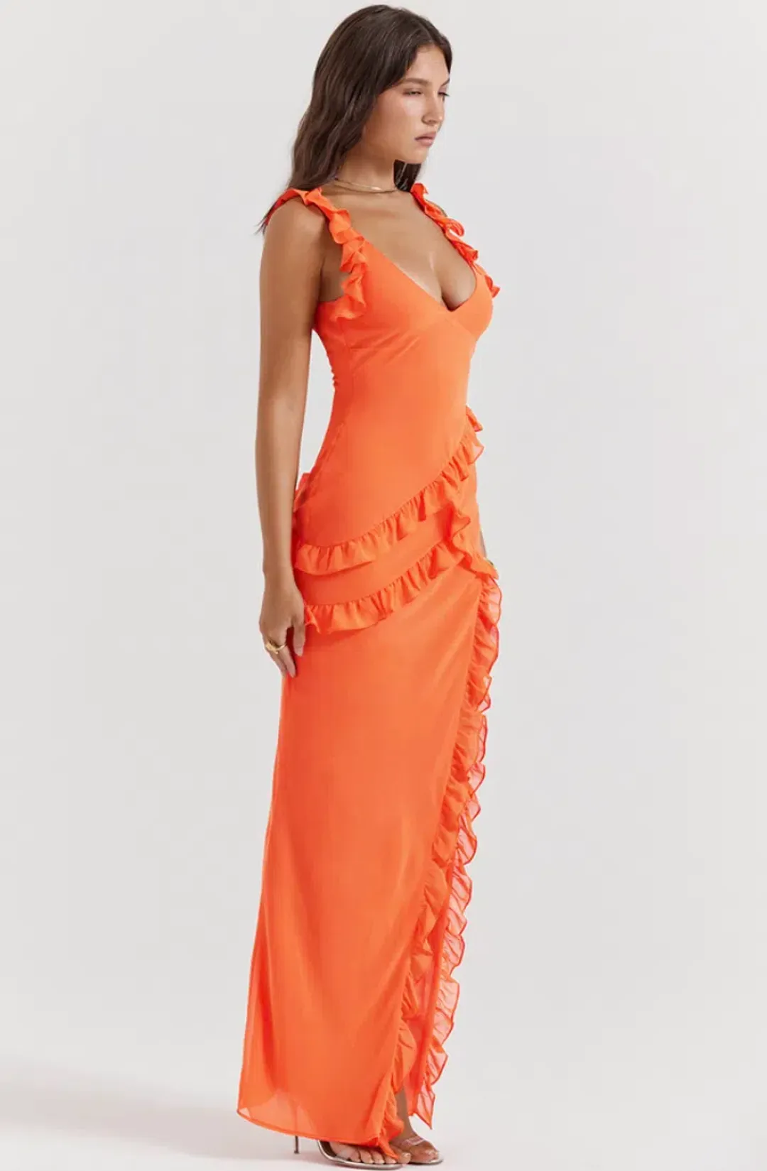 House of CB Pixie Ruffle Maxi Dress in Flame Orange Size XS / AU 6 - 8 for rent on The Volte - main image