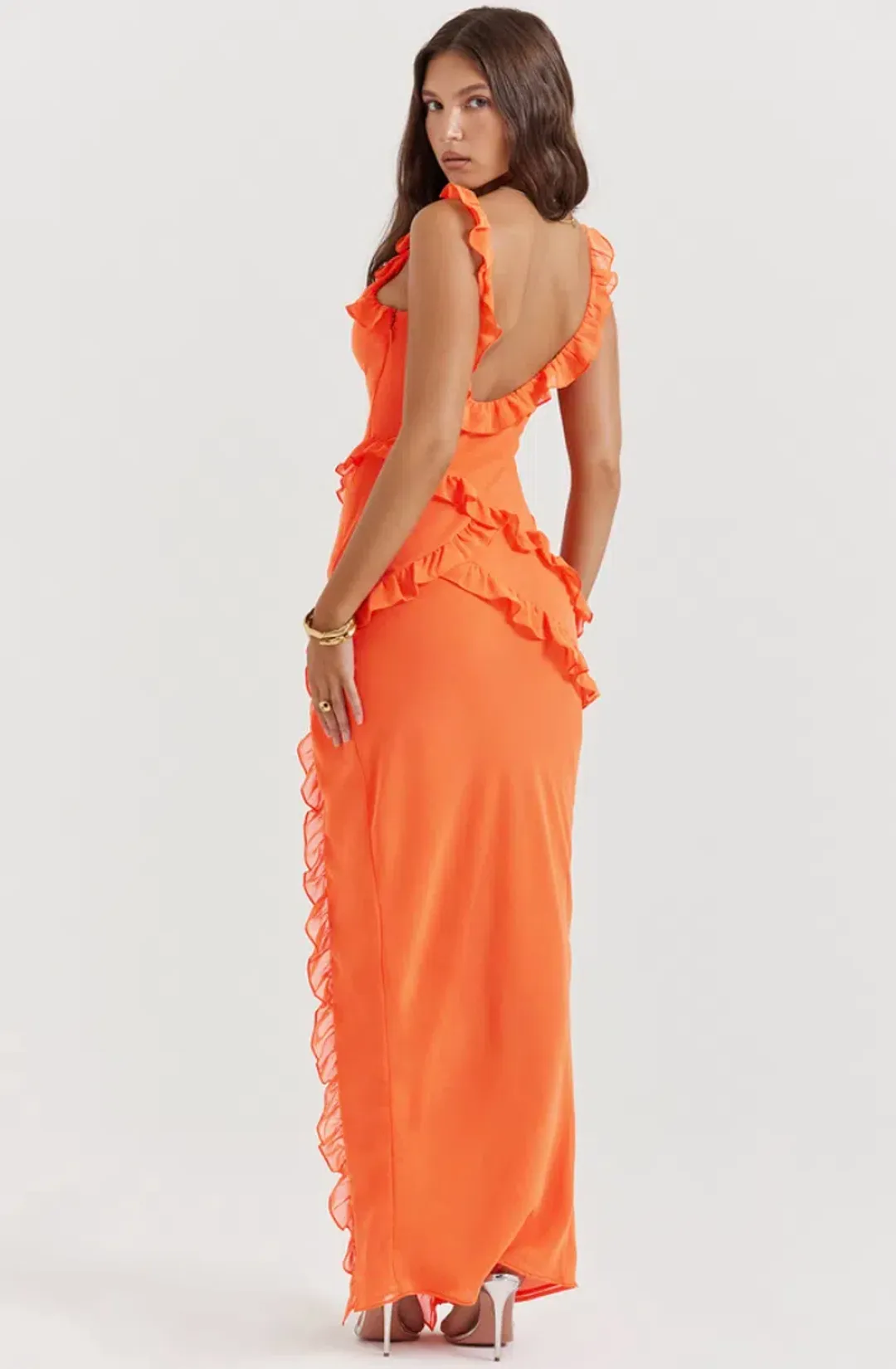 House of CB Pixie Ruffle Maxi Dress in Flame Orange Size XS / AU 6 - 8 for rent on The Volte - main image
