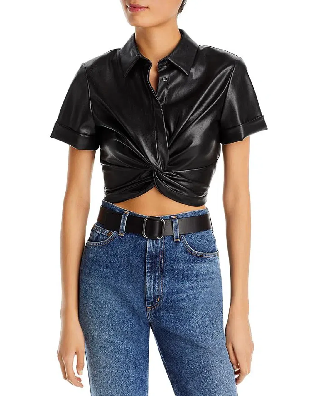 Alice + Olivia Phebe Cropped Twisted Vegan Leather Top Black Size S/ AU 8 for rent on The Volte - main image