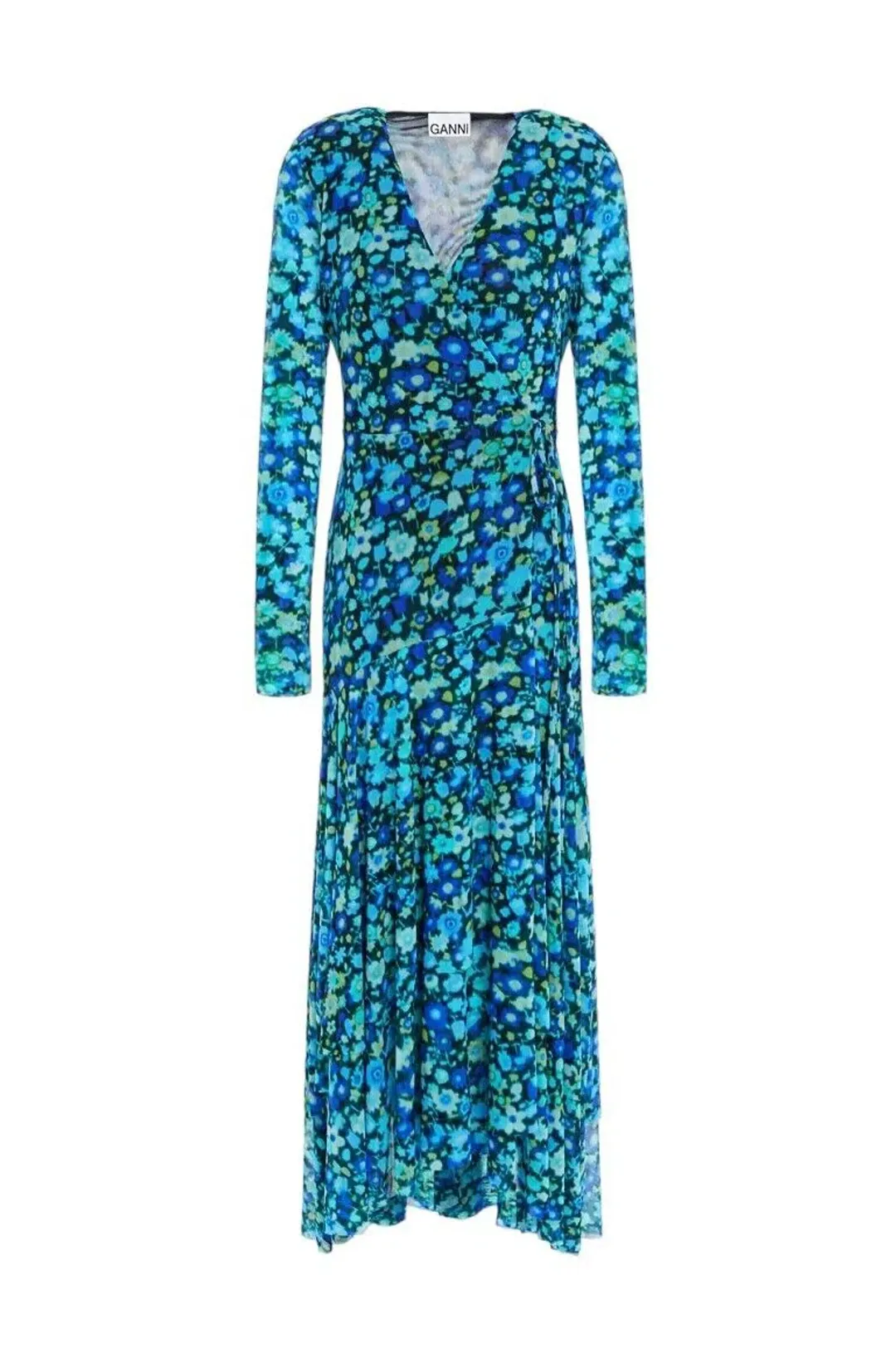 Ganni Floral Print Mesh Wrap Dress Turquoise Floral Print Size 38/ Au 10 for rent on The Volte - main image