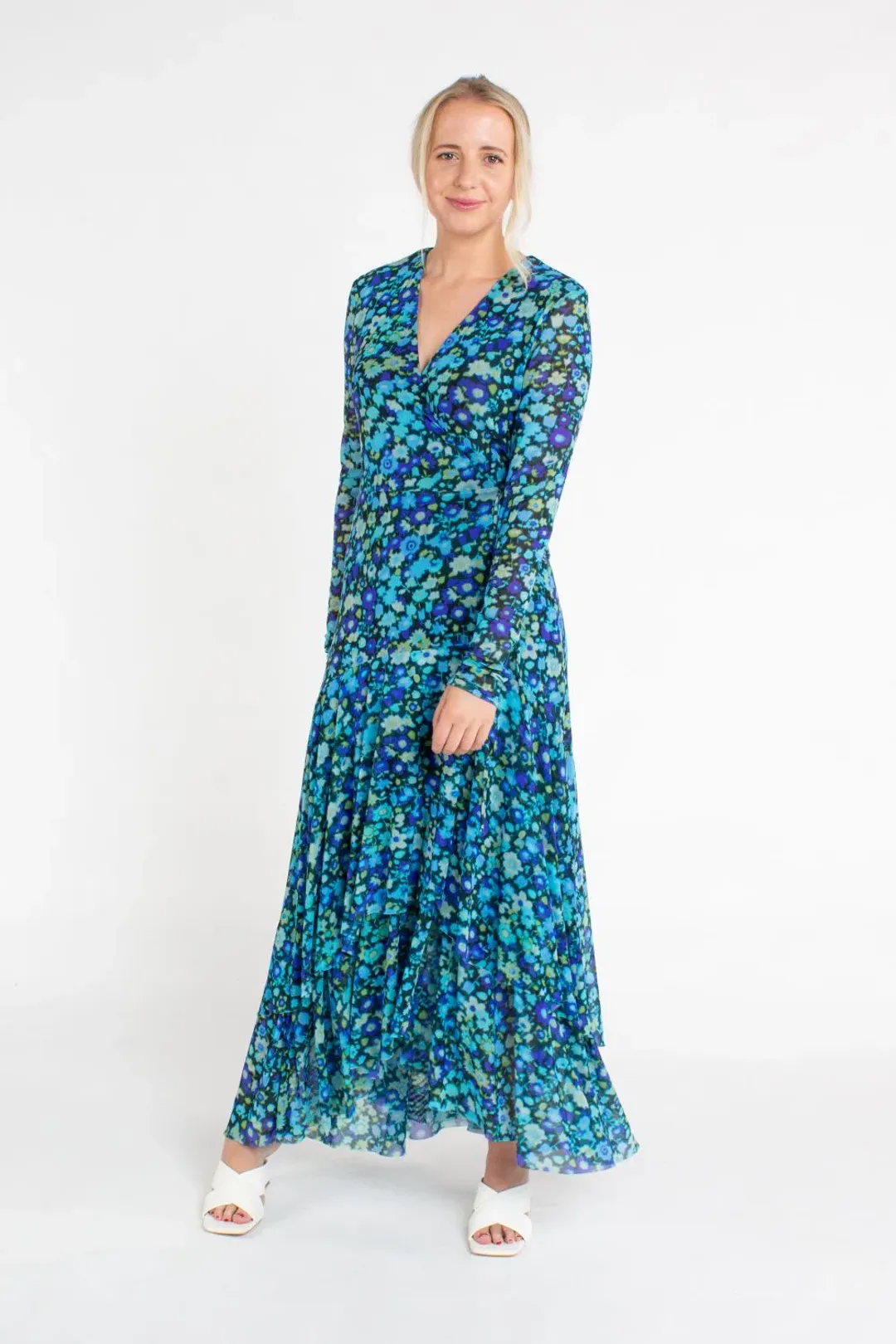 Ganni Floral Print Mesh Wrap Dress Turquoise Floral Print Size 38/ Au 10 for rent on The Volte - main image