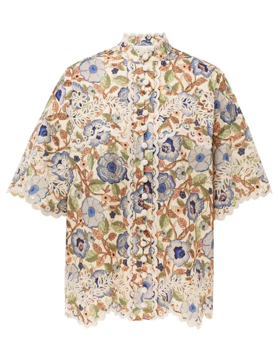 Zimmermann The Junie Embroidered Shirt and Short Set in Ivory/Blue Floral Size 0 / AU8  for rent on The Volte - main image