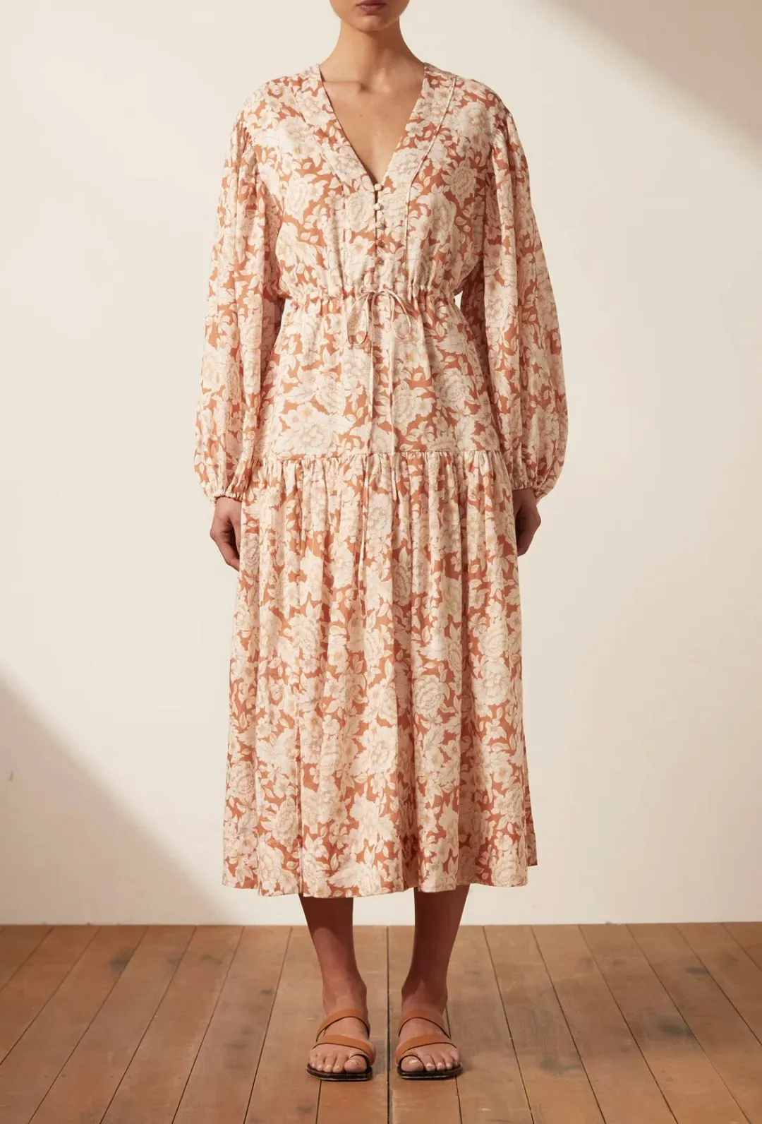 Shona Joy Flor Balloon Sleeve Drawstring Midi Dress Floral Size 12 for rent on The Volte - main image