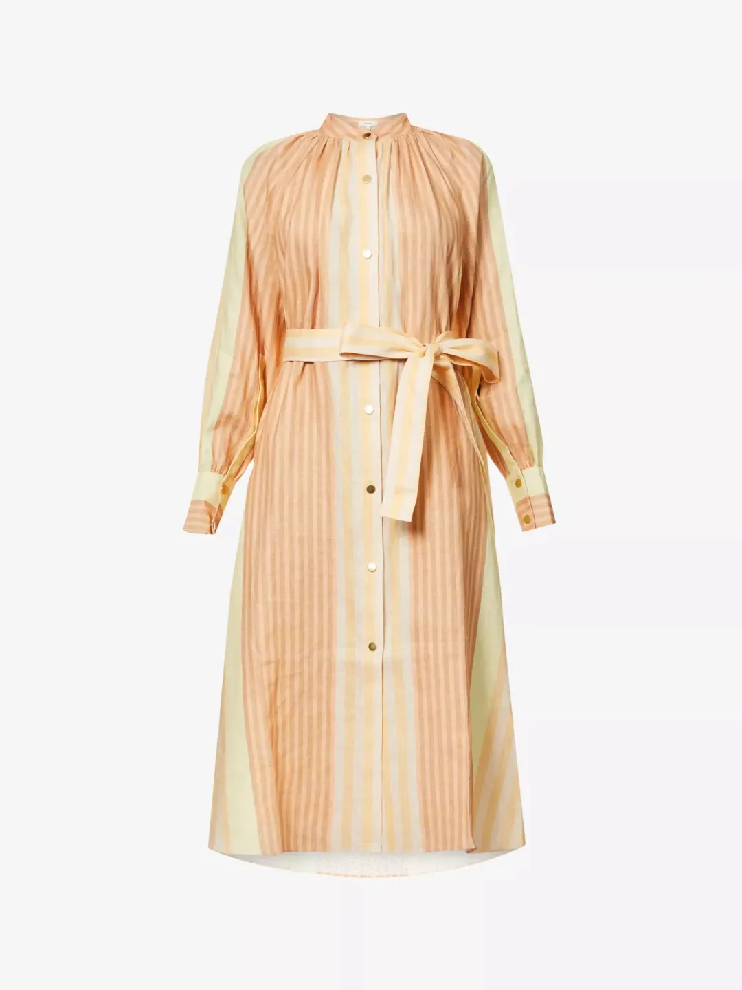 Oroton Striped Long Sleeve Belted Straight Fit Linen Midi Dress Almond Milk Size 12 for rent on The Volte - main image