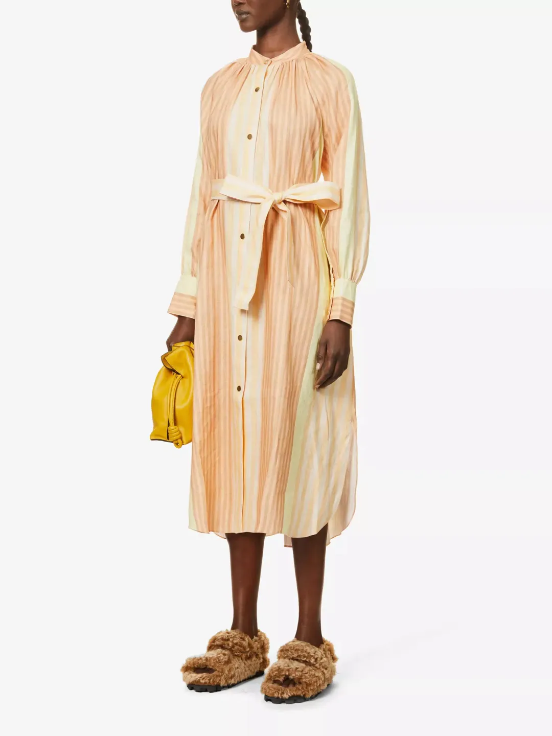 Oroton Striped Long Sleeve Belted Straight Fit Linen Midi Dress Almond Milk Size 12 for rent on The Volte - main image