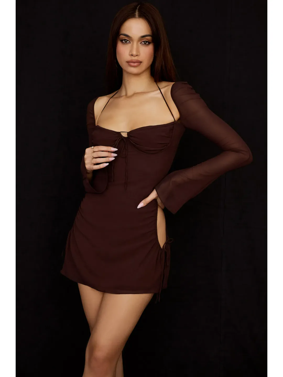 House Of CB Chiffon Dress in Chocolate Brown Size Small / AU 8 for rent on The Volte - main image