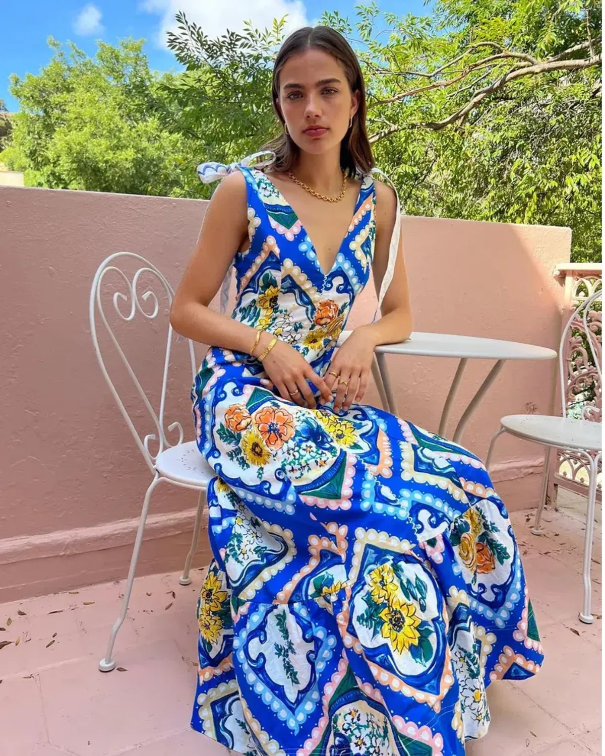 By Nicola Adoncia Tie Shoulder Maxi Dress In Azure Floral Size 10 for rent on The Volte - main image