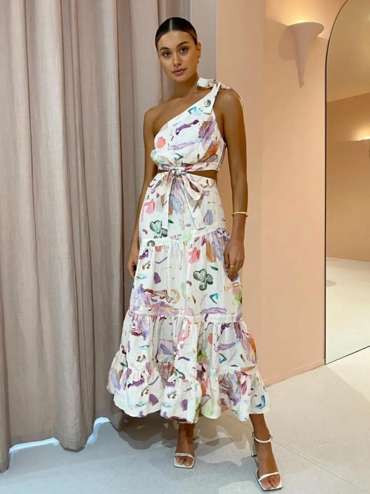 Alemais Annie One Shoulder Midi Dress Print Size 8 for rent on The Volte - main image