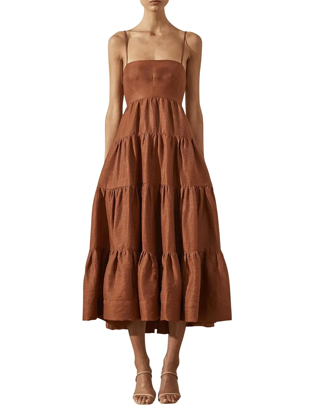Shona Joy Elsa Linen Tiered Midi Dress Gingerbread Brown Size 12 for rent on The Volte - main image