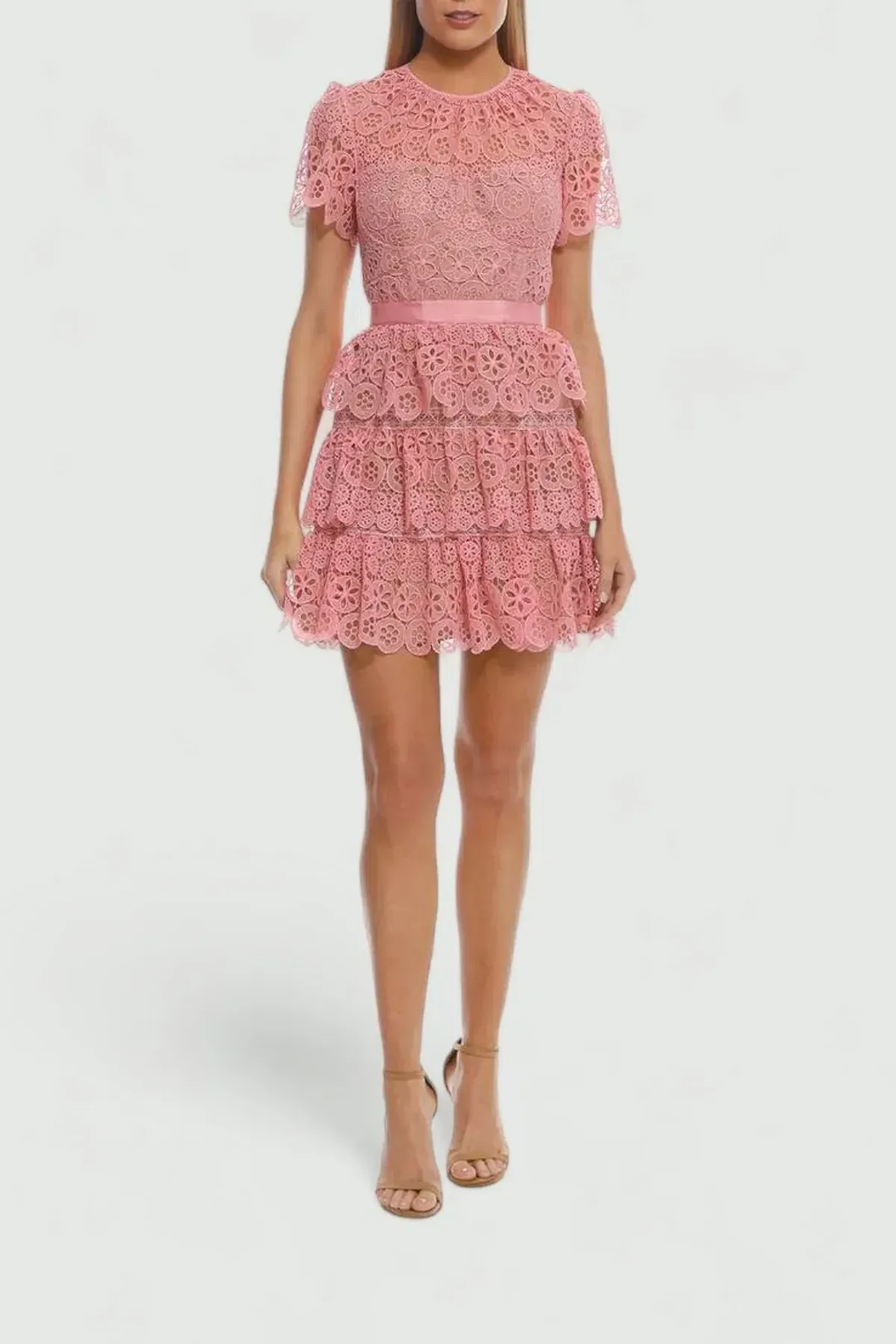 Self Portrait Pink Tiered Mini Dress in Pink Size 8 for rent on The Volte - main image