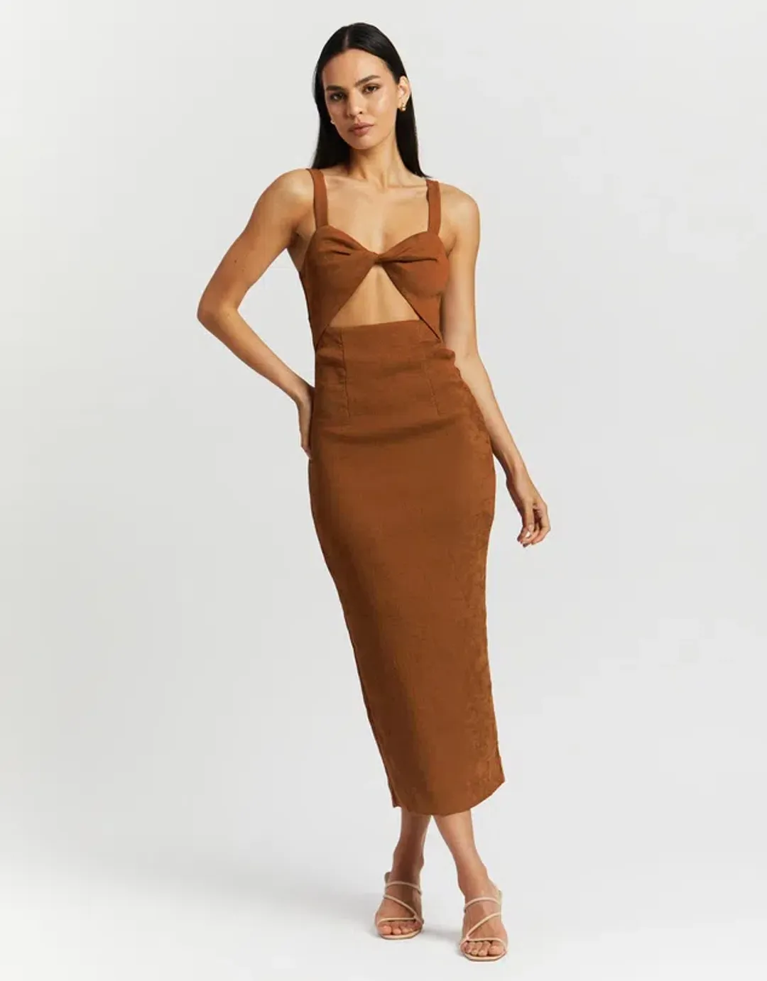 Shona Joy Simone Fitted Cut Out Midi Dress Terracotta Size 8 for rent on The Volte - main image