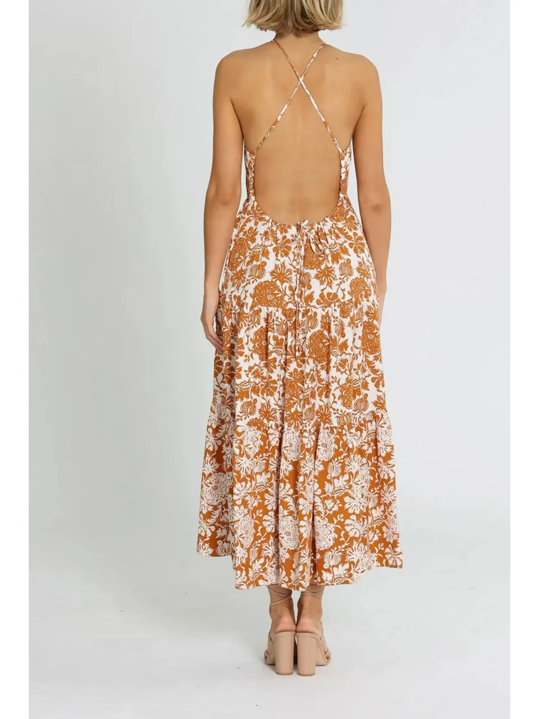 Shona Joy Vitoria Halter Midi Dress Brown Print Size AU 12 for rent on The Volte - main image