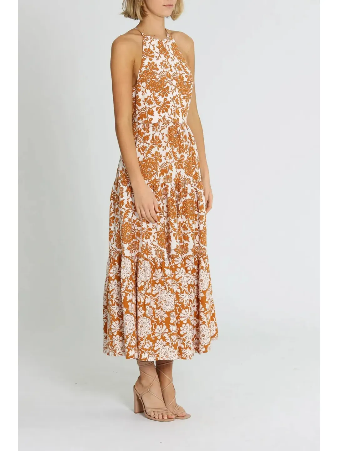 Shona Joy Vitoria Halter Midi Dress Brown Print Size AU 12 for rent on The Volte - main image