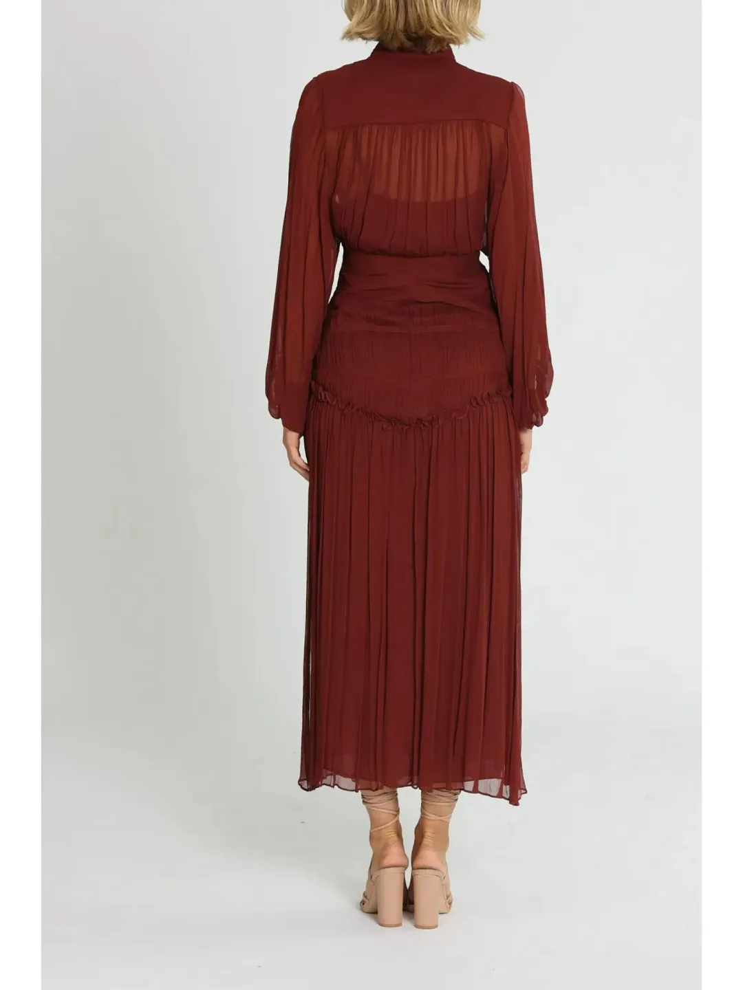 Shona Joy Safira Button Up Ruched Midi Dress in Sangria Size AU 10  for rent on The Volte - main image