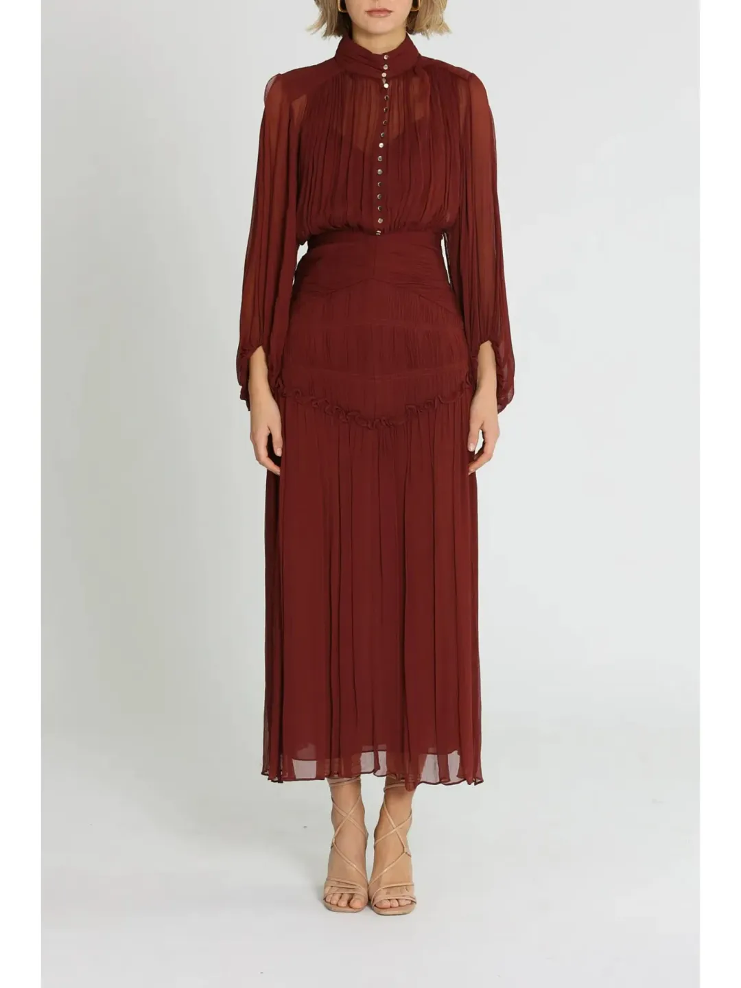 Shona Joy Safira Button Up Ruched Midi Dress in Sangria Size AU 10  for rent on The Volte - main image