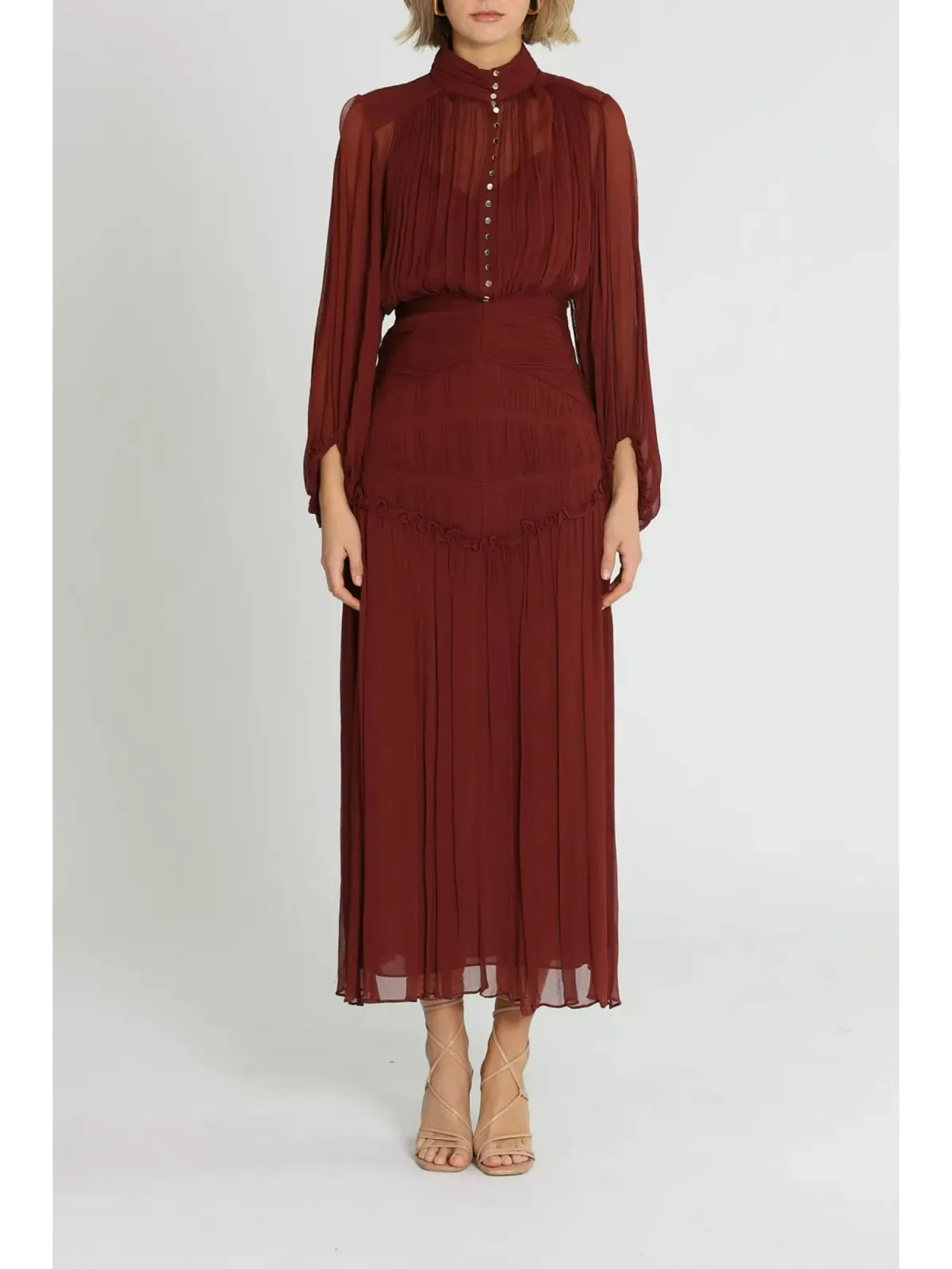 Shona Joy Safira Button Up Ruched Midi Dress in Sangria Size AU 10  for rent on The Volte - main image