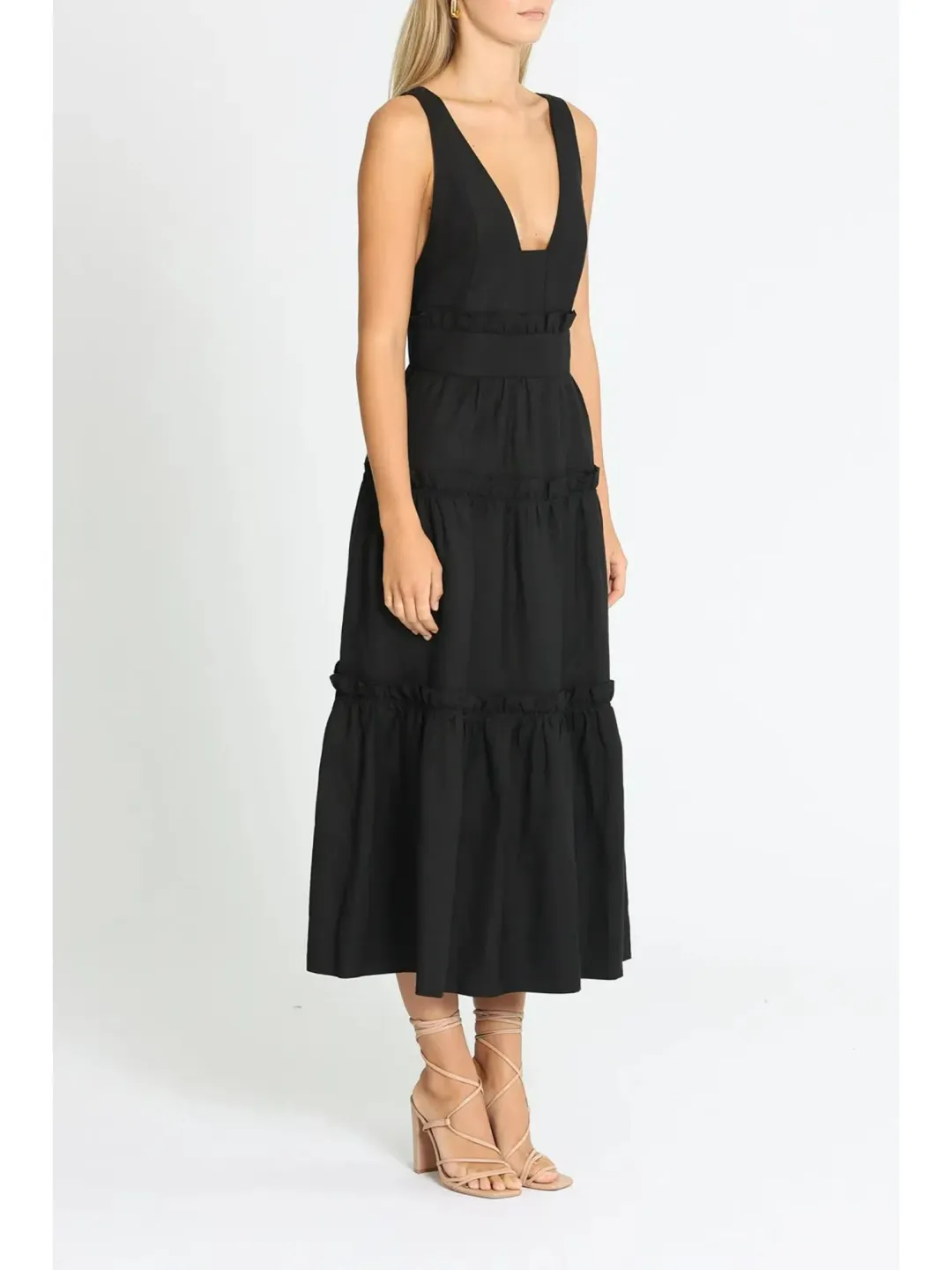 Shona Joy Tiered Midi Dress in Black Size AU 10 for rent on The Volte - main image
